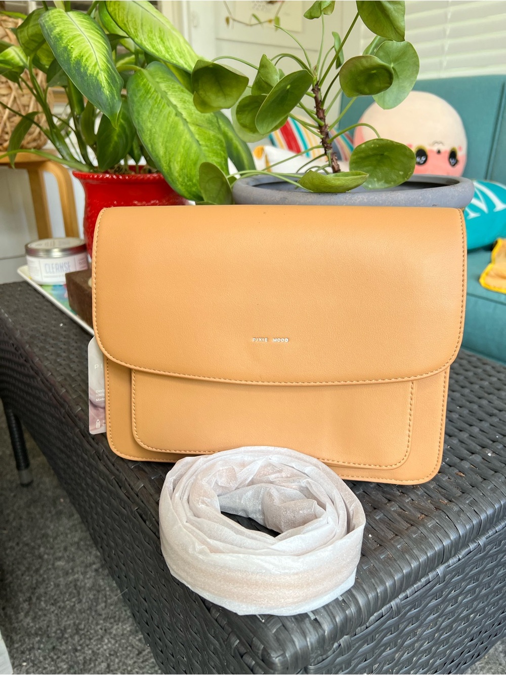 Pixie Mood vegan leather Zoe crossbody bag in the color Honey.